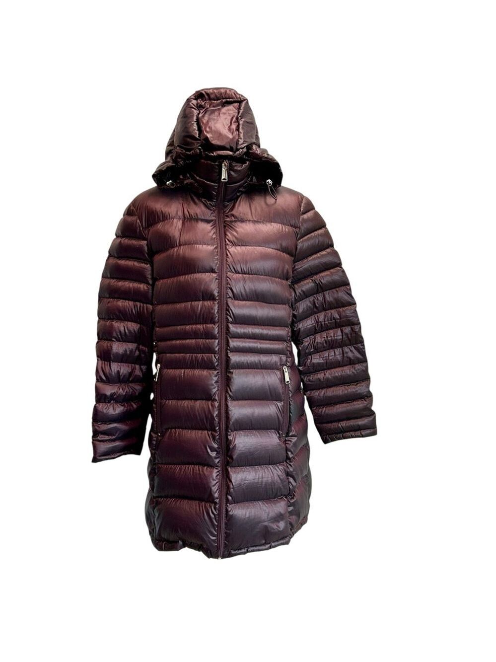 Andrew Marc burgundy red quilted packable compressible goose down hood coat XL
